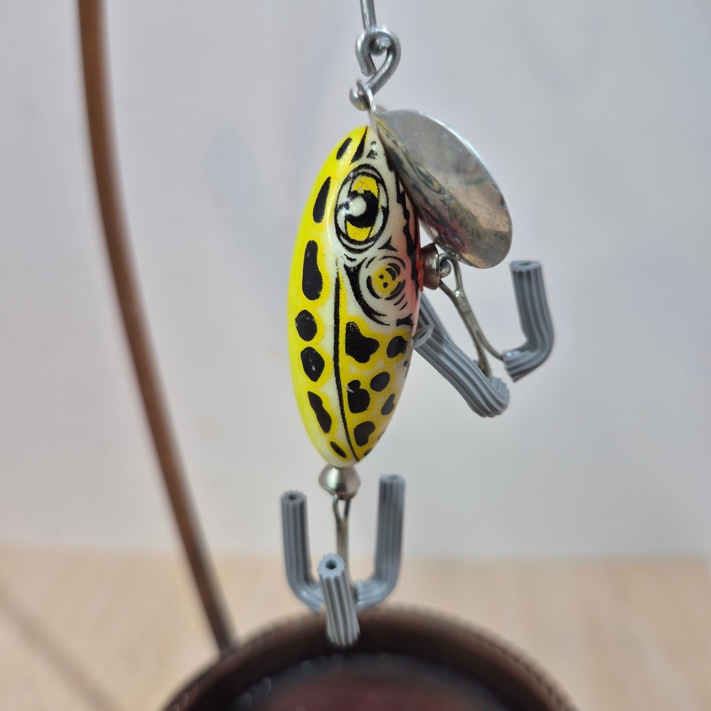 Fred Arbogast Jitterbug Vintage Fishing Lure Yellow Frog Pattern Akron Ohio 2in